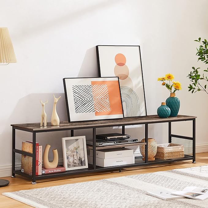 VECELO Industrial TV Stand for Televisions up to 70 Inch, 62" Entertainment Center with Open Storage Shelves for Living Room/Bedroom, 3 Tiers Media Console Table with Metal Frame, Brown, 62 Inches