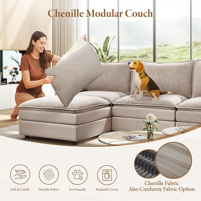 Vesgantti 142" Cloud Couch Sectional Modular Sofa, Comfy Sectional Couch with Ottoman Deep Seat Chenille L Shaped Sofa, Modular Couches for Living Room, Bedroom and Apartment, Light Brown