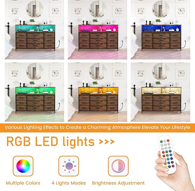 Dresser for Bedroom, 9 Drawers Led Dresser TV Stand with Power Outlets and LED Lights, Long Fabric Dressers Wide Chest of Drawers with Large Organizer for Living Room, Entryway, Hallway