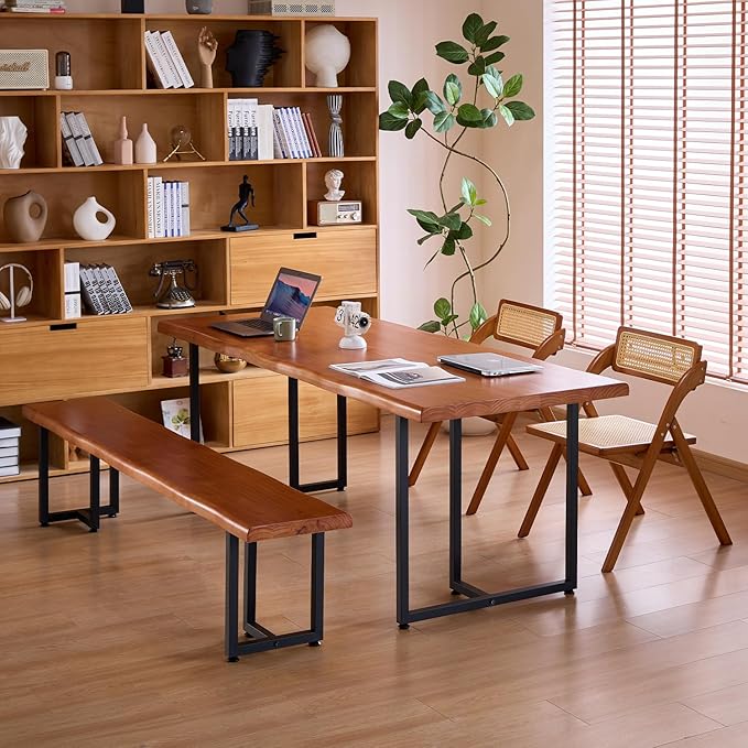 Solid Wood Administrative Desk, Dining Table with Durable Metal Legs, Uniquely Designed Leisure Table, Perfect for Restaurants and Home Offices, (Wood Brown, 70.87in)