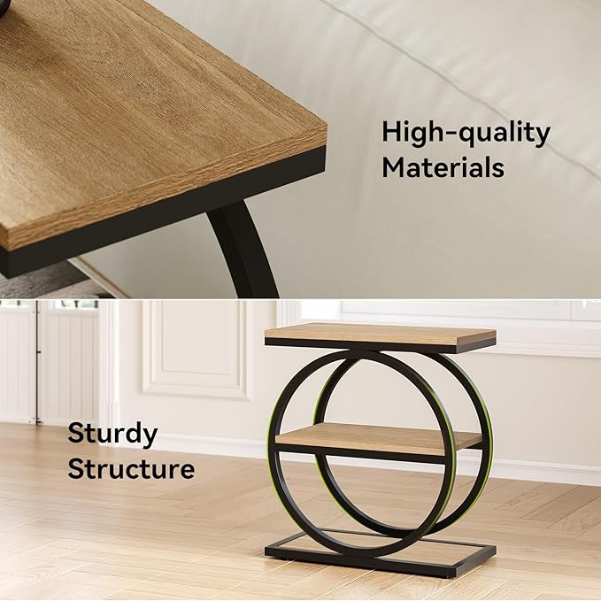 LITTLE TREE End Table Set 2, Side Table with 3-Tier Storage Shelves, Small Sofa Side Table for Living Room, Wooden Side End Table with Double Round Metal Legs, Slim Nightstand and Bedside Table, Oak