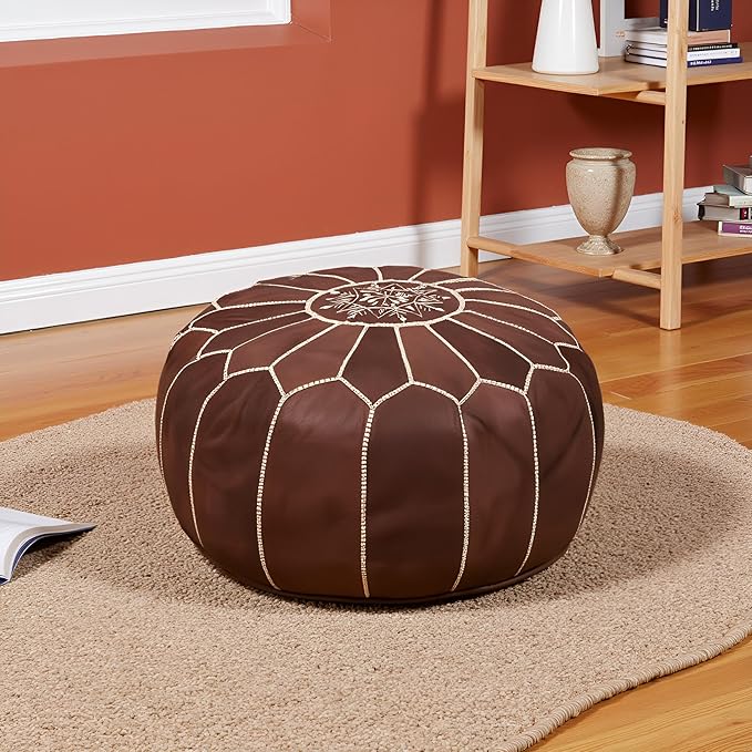 Stuffed Round Design Moroccan Leather Pouf Ottoman, Handmade, Pre-Filled, 100% Genuine Leather, 13” Height x 20” Diameter, Footstool & Living Room Décor (Dark Brown)
