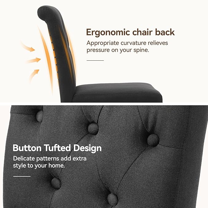 Upholstered Dining Chairs Set of 2, Button Tufted Parsons Dining Chair with Solid Wood Legs, Modern Fabric Side Chair for Dining Room/Kitchen/Restaurant/Hotel- Black
