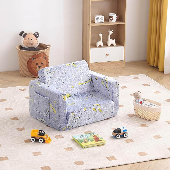 Tiita Kids Sofa, 2-in-1 Toddler Chair, Convertible Children Couch to Lounger, Flip Out Kid Sofas Chair, Toddler Armrest Chairs Bed, Folding Kids Play Sofa for Girl or Boy (Blue Astronauts)