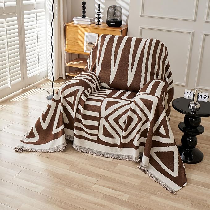 HANDONTIME Chocolate Boho Couch Cover Reversible Sofa Covers for 3 Cushion Washable Couch Sofa Cover for Dogs Dark Couches Covers Chenille Couch Protector Couch Covers for Sofa, 71" X71"