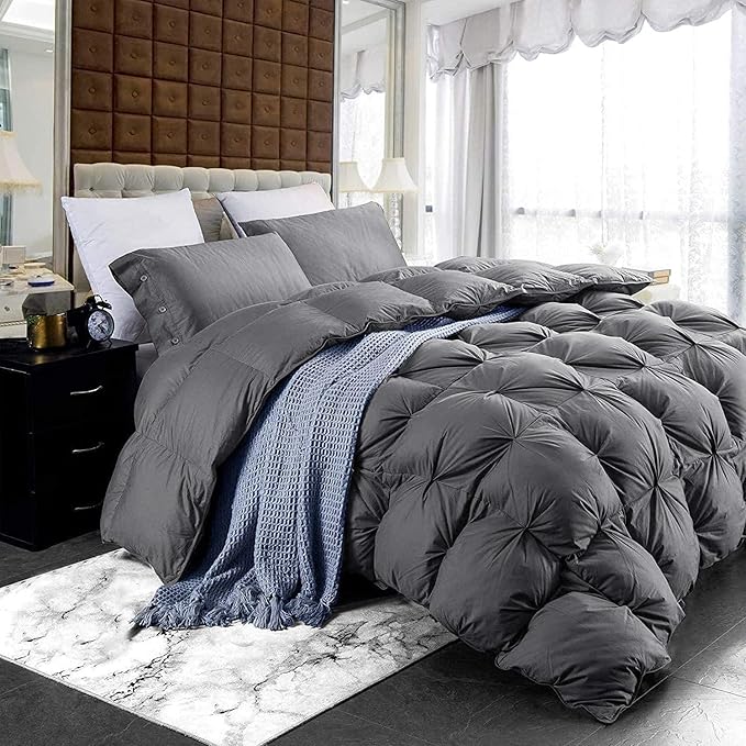 Luxurious Heavyweight Goose Down Feather Fiber Comforter Duvet Insert, Exquisite Gray Pinch Pleat Design, Oversize Palatial King 120 x 98, Premium Baffle Box 100% Egyptian Cotton, 95 oz Fill Weight