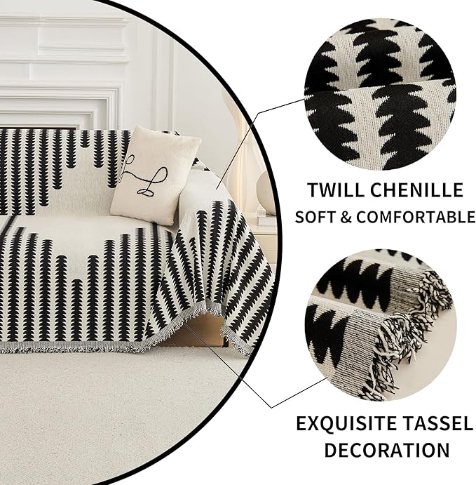 HAOMAIJIA Boho Sofa Covers Couch Covers for 3 Cushion Couch Sofa Pet Friendly Soft Thick Couch Cover for Dogs Washable Sectional Couch Covers L Shape Furniture Protector (Black, 91"x118")