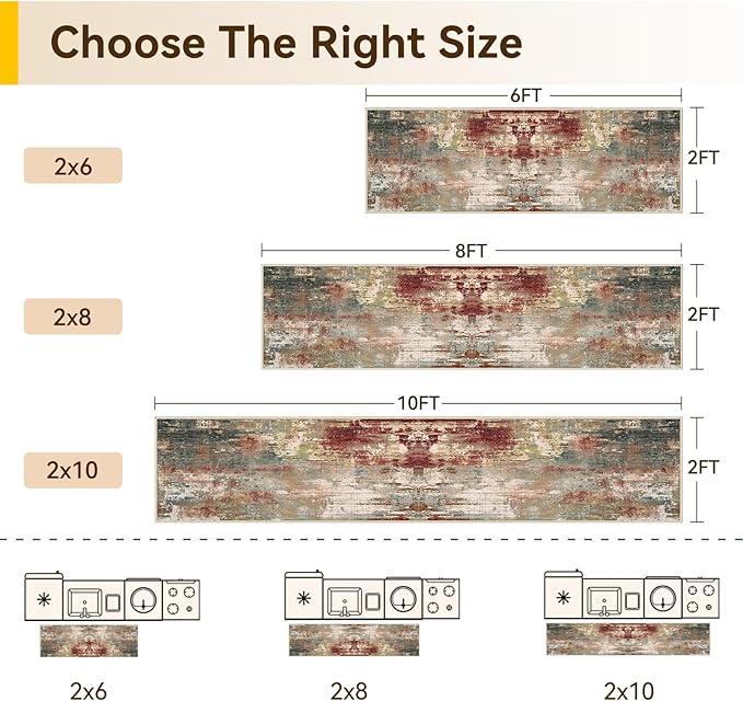 Washable Area Rugs 2'x8' Non-Slip Modern Abstract Soft for Living Room Entryway Bedroom Nursery, Print Pattern, Brown Rust Red Multi