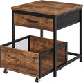 End Table, 19.7 Inch Square Side Table, Mini Fridge Stand with Storage, Nightstand with Mobile Basket Cart, for Living Room, Bedroom, Rustic Brown and Black TBZ55BF