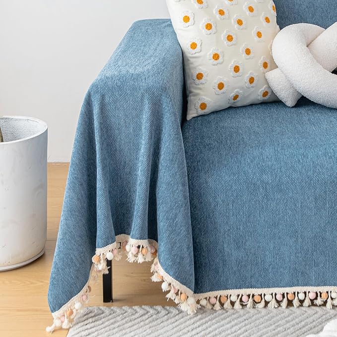 HANDONTIME Couch Slipcover Dog Sofa Covers Boho Couch Cover for Dogs Blue Sofa Throw Cover Bohemian Sofa Covers for 3 Cushion Couch Herringbone Sectional Couch Cover Slipcovers for Sofas, 71" X134"