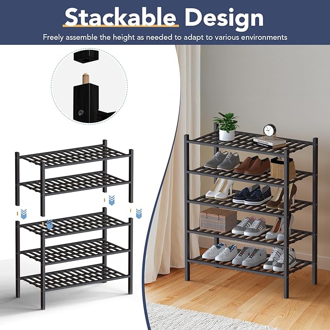 Haddockway Large 2 Tier Bamboo Shoe Rack Storage Organizer, Multifunctional Free Standing Stackable Shoe Shelf with Grid Panel for Closet,Hallway,Entryway,Small Space 27"x12"x14"(Black, 2-Tier(Large))