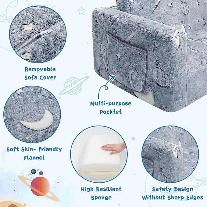 Toddler Couch,Toddler Chair, 2-in-1 Baby Seat Furniture Fold Out, Convertible Sofa to Lounger Soft Comfy Glow in The Dark Kids Sofa Bed Gifts for Kids Girl Boys,Star,Large