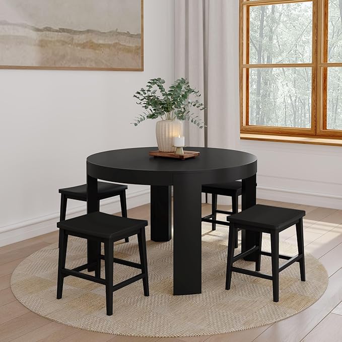 Plank+Beam Smythe Dining Stool, 18" Vanity Stools, Set of 2, Sturdy Wood Modern Kitchen Stool, Saddle Seat Backless Chair, Metal Footrest, Black