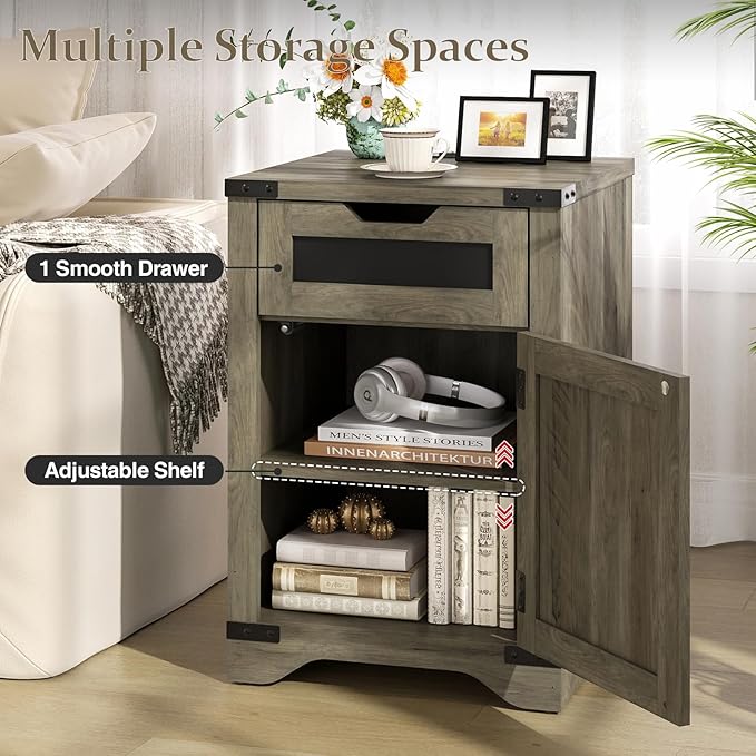 Farmhouse End Table with Charging Station, 26.4" Tall Rustic Nightstand with Drawer and X Barn Door, Country Bedside Sofa Side Table for Living Room, Grey