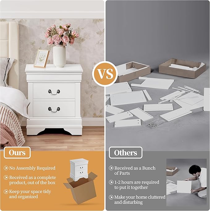 Yaheetech Fully-Assembled Nightstands Set of 2, 2-Drawer Nightstands Large Classic Bedside Tables with Storage, Wooden Painted Storage Cabinet for Bedroom, 21.5" L×16" W×24.5" H, White