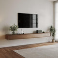 POVISON Fully-Assembled Minimalist Floating TV Stand, Modern Wall-Mounted Entertainment Center with 4 Flip-Down Cabinet Doors, Solid Wood Media Console, 110.24"