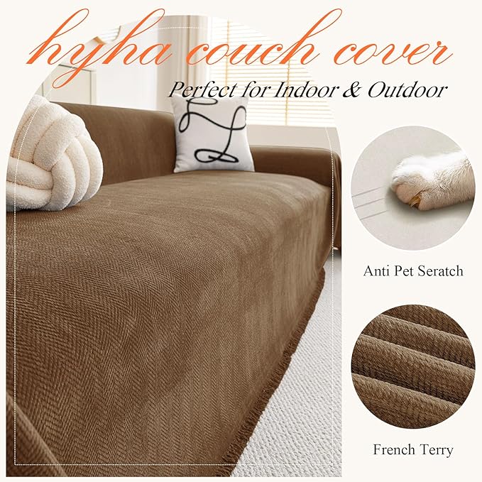 hyha Couch Cover for Dogs, Boho Sofa Covers for 3 Cushion Couch Washable, Chenille Sofa Slipcover for Pets, Soft Loveseat Sectional Couch Throw Blankets with Tassels (Chocolate, 71x134 Inch)