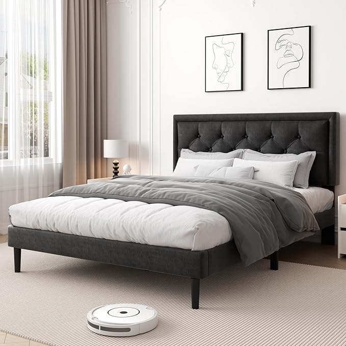 Full Size Platform Bed Frame with Upholstered Velvet Button Tufted Headboard, Mattress Foundation with Wooden Slat Support, No Box Spring Needed, Easy Assembly, Noise Free, Black