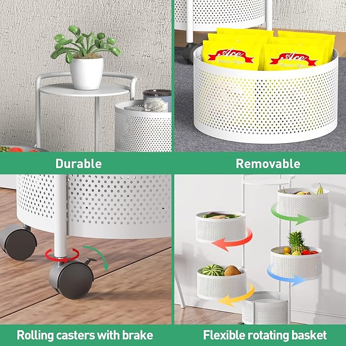 JAQ Rotating Fruit Basket, 5-Tier Metal Sturdy Kitchen Storage Rack Carts No Assembly on Rolling Wheels for Fruit Vegetable Grocery Corns Potato Onion in Bathroom(White, 5-Tier)
