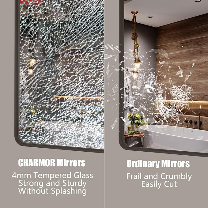 48x36 Bronze Framed Mirror for Wall, Bathroom Vanity Mirror with Brushed Bronze Metal Frame for Modern Farmhouse, Rounded Corner, Anti-Rust, Tempered Shatterproof (Horizontal/Vertical)