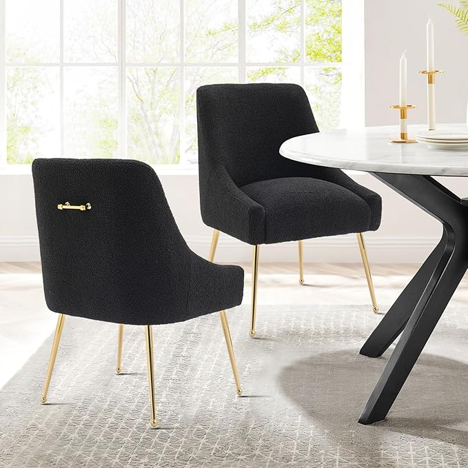 Modern Velvet Dining Chairs Set of 6, Contemporary Upholstered Furniture Collection with Polished Gold Metal Legs, Elegant Accent Chairs for Kitchen Living Room(Teddy Fleece,Black)