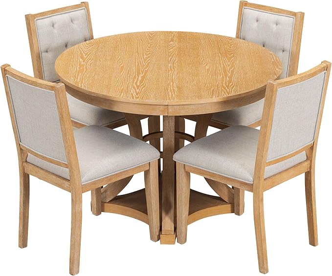 Ball & Cast Retro Dining Table Set for 4 with 4 Upholstered Chairs,5-Piece Wooden Living Room Furniture W/ 42" Round Extendable Kitchen Desk,for Small Space,Apartment,Dining Room,Natural
