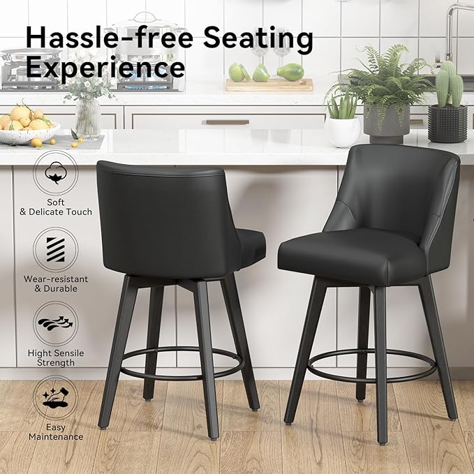 Counter Height Swivel Bar Stools Set of 4, 26 Inch Bar Stools with Footrest, Faux Leather Upholstered Barstools with Back and Solid Wood Legs for Kitchen Island, Dining Room,Pub,Black