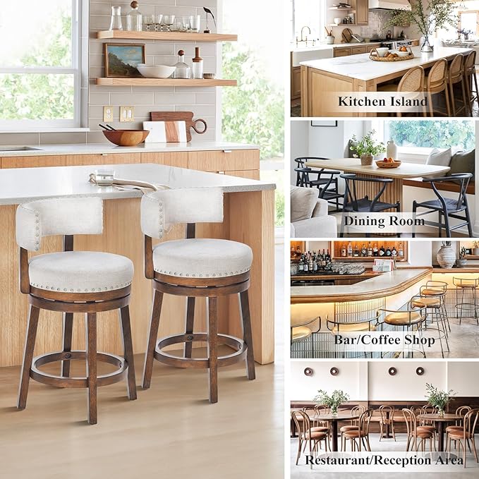 COLAMY Swivel Bar Stool Set of 2, Modern Swivel Barstool with Back, Counter Height Bar Stools, 25 Inch Upholstered Wood Barstool for Kitchen Island Dining Room Bar, Beige