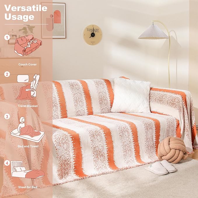 Boho Sofa Cover, Couch Covers for 3 Cushion Couch Sofa Pet Friendly, Sofa Cover Washable, Soft Chenille Living Room Couch Covers Slipcover, Pet Furniture Protecto (1# Orange, 71" x 150")