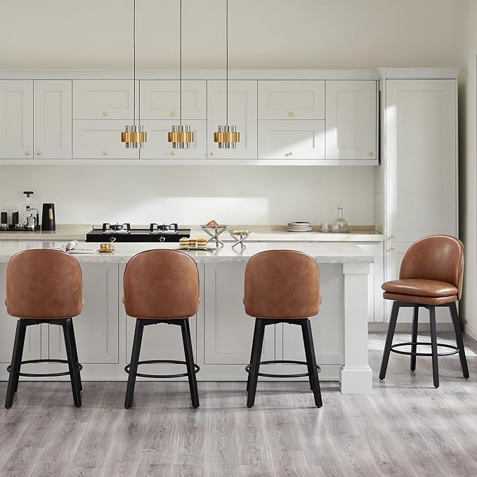 Counter Height Barstools 26 inch Upholstered Swivel Bar Stools with Back and Wood Legs for Kitchen Island,Set of 3,Brown PU Leather-Armless