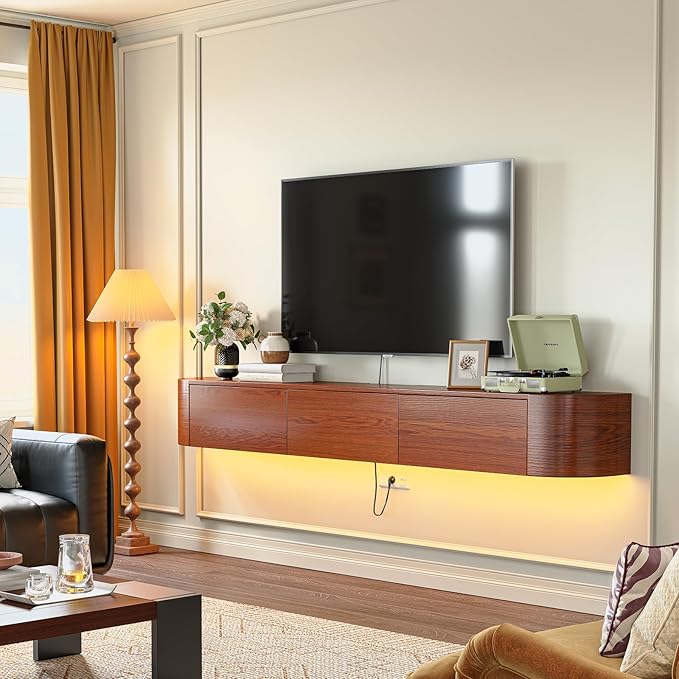 Fully Assembled Floating TV Stand with Drawers, 78IN Vintage Wall Mounted Entertainment Center, Minimalist Large Storage Console Under TV, Solid Wood Media Shelf for Living Room, Bedroom