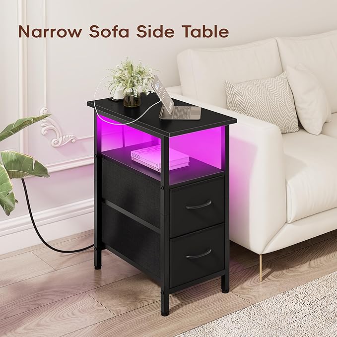 Vagusicc Black Nightstand with Charging Station and LED Lights, Narrow Side Table, LED Night Stand with 2 Fabric Drawers, Bedside Table with USB Ports and Outlets, Tall Nightstand for Bedroom, Black
