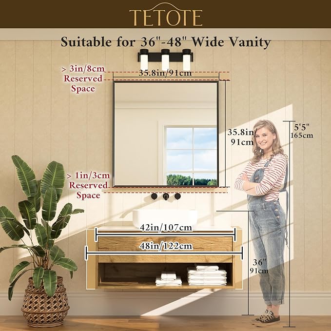 TETOTE Brushed Nickel Bathroom Mirror for Over Sink 36" x 36" Brushed Nickel Beveled Framed Rectangle Vanity Mirror for Bathroom, Bedroom, Entryway, Living Room, Tempered Glass, Stronger Frame