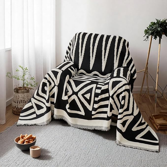 STACYPIK Reversible Boho Couch Cover Ivory Black Futon Armchair Slipcovecrs Anti-Slip Sofa Cover for Dogs Cats Geometric Triangle Couch Cover Versatile Furniture Protector for 2 Cushion Couch-71X90IN