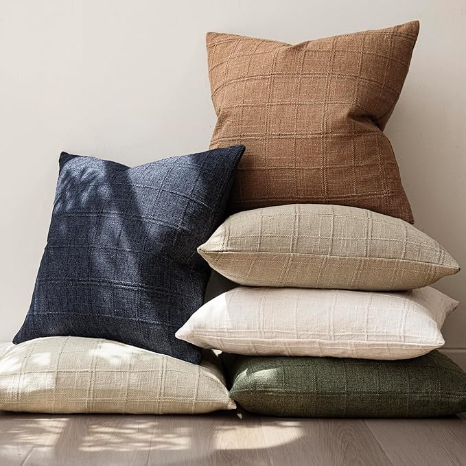 Foindtower Set of 2 Decorative Linen Check Throw Pillow Covers Neutral Farmhouse Vintage Cushion Covers Modern Boho Home Decor for Sofa Chair Couch Bedroom Living Room Outdoor,26×26 Inch,Navy Blue