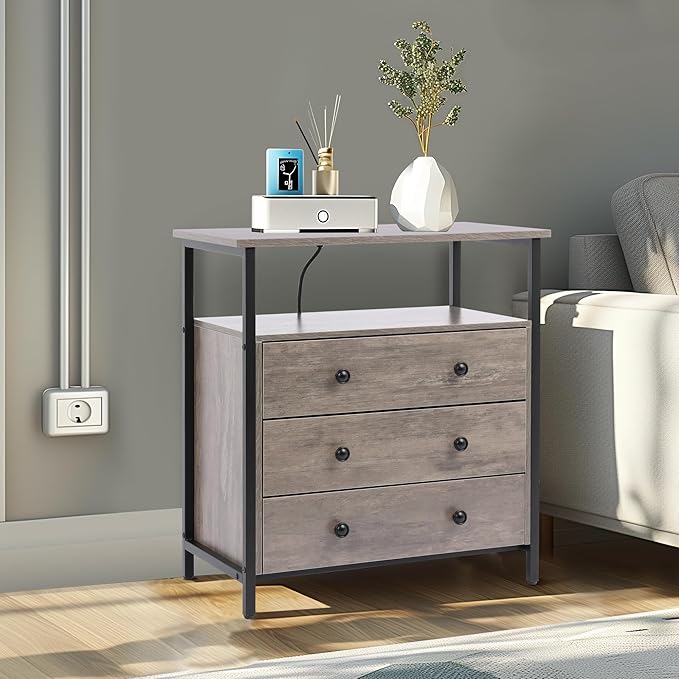 3 Wooden Drawers Nightstand, 27 Inch Wide Night Stand Set 2 with Charging Station and Adjustable Drawers, Bedside Table for Living Room/Bedroom/Office, Gray.