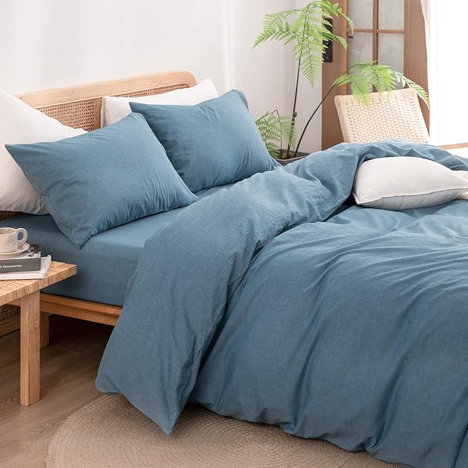 BESTOUCH Duvet Cover Set 100% Washed Cotton Linen Feel Super Soft Comfortable Chic Lightweight 3 PCs Home Bedding Set Solid Dark Blue King