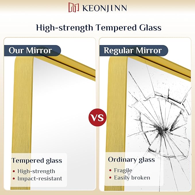 Keonjinn Brushed Gold Bathroom Mirror 72” x 36” Large Gold Bathroom Vanity Mirrors, Oversized Rounded Rectangle Mirror with Shatterproof HD Tempered Glass, Aluminum Alloy Frame(Horizontal/Vertical)