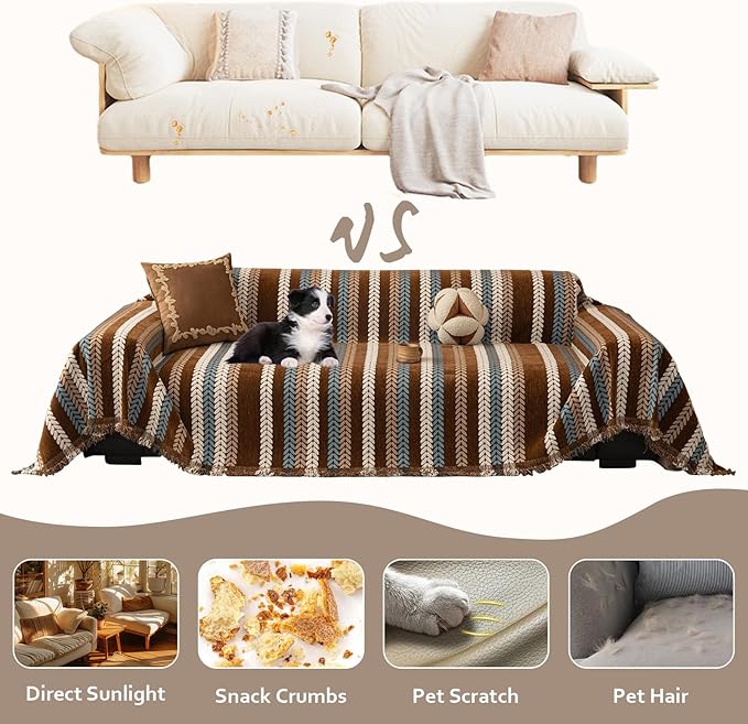 STACYPIK Khaki Jacquard Leaves Sofa Cover, Vintage Couch Cover for Dogs, Washable Pet Protector for 2 Cushion Couch, Non-slip Chenille Sofa Covers for Loveseat, Boho Couch Cover for Sectional-71X118IN