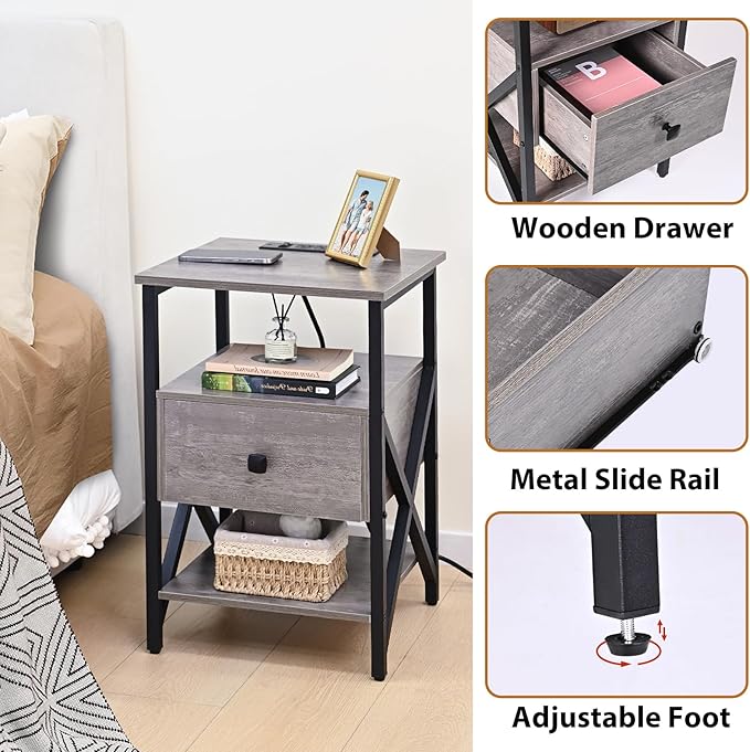 End Tables with Charging Station, Grey Charging Side Table Bedside Table with Outlets, Night Stands with Wood Drawer, Nightstand with Storage for Bedroom, Living Room
