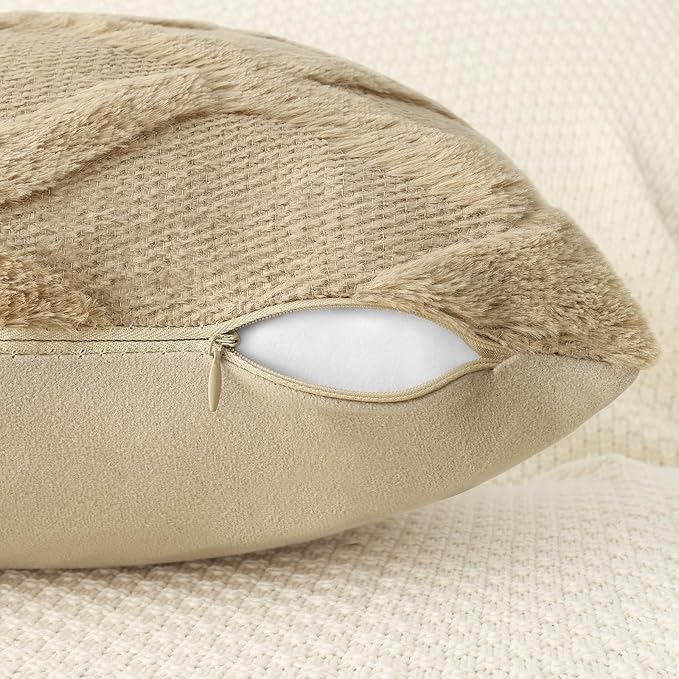 decorUhome Throw Pillow Covers 24x24 Inch Set of 2, Soft Plush Faux Fur Wool Khaki Couch Pillow Covers, Decorative Neutral Pillow Cases for Bed Sofa Living Room Home Decor