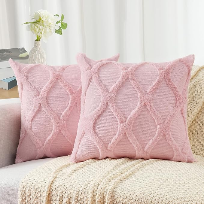 decorUhome Throw Pillow Covers 26x26 Inch Set of 2, Soft Plush Faux Fur Wool Light Pink Couch Pillow Covers, Decorative Neutral Pillow Cases for Bed Sofa Living Room Home Decor