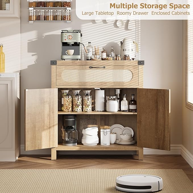 IDEALHOUSE Rattan Cabinet with Drawer, Sideboard with Synthetic Rattan-Accent Doors, Adjustable Shelves, Buffet Cabinet for Living Room Dining Room, Natural