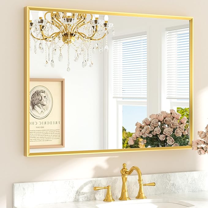 TETOTE Brushed Gold Vanity Mirror for Bathroom 40" x 30" Brushed Brass Rectangle Beveled Framed Bathroom Wall Mirror for Over Sink, Tempered Glass, Modern Farmhouse Bedroom, Entryway, Living Room