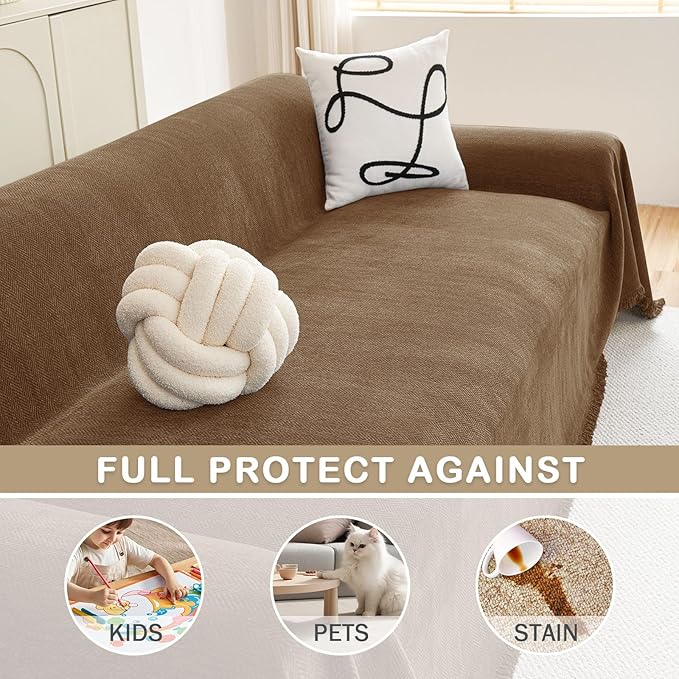 hyha Couch Cover for Dogs, Boho Sofa Covers for 3 Cushion Couch Washable, Chenille Sofa Slipcover for Pets, Soft Loveseat Sectional Couch Throw Blankets with Tassels (Chocolate, 71x118 Inch)