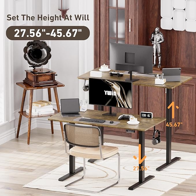Ywin Electric Height Adjustable Standing Desk, 48 x 24 inches Sit Stand Desk with Wheels, Ergonomic Stand Up Desk for Home Office