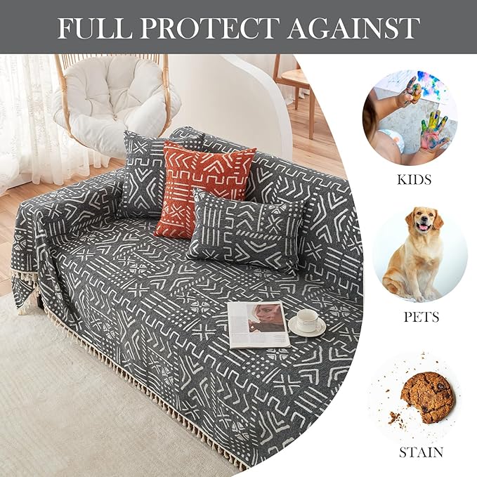 HANDONTIME Black White Boho Sofa Cover Geometric Farmhouse Tassel Couch Covers Boho Living Room Décor Dog Sofa Covers for Slipcover Aesthetic Couch Cushion Cover Couch Protector for Dogs, 71" X134"