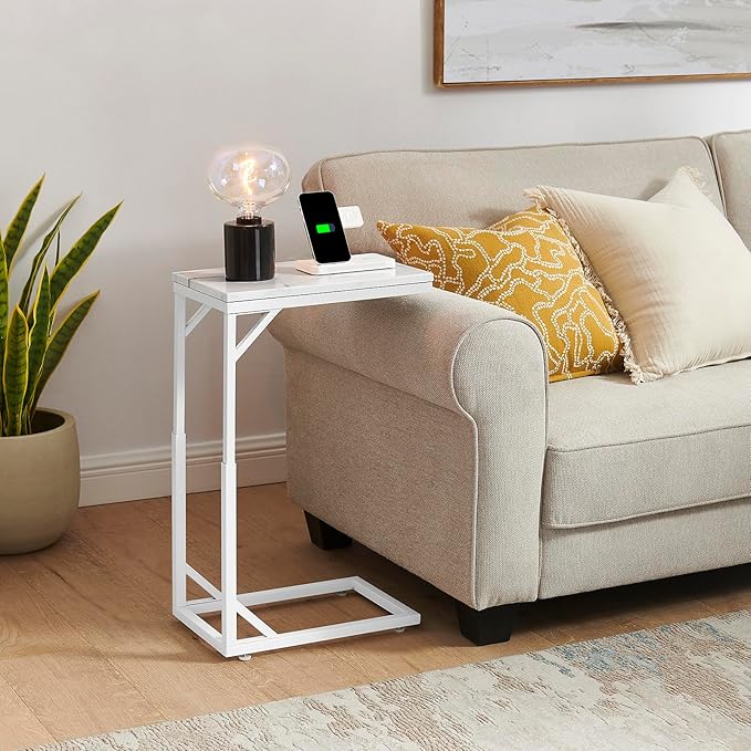 C-Shaped End Table, Small Sofa Table with Metal Frame, Adjustable Height Side Table for Couch, Living Room, Bedroom, Bedside (White, Large)