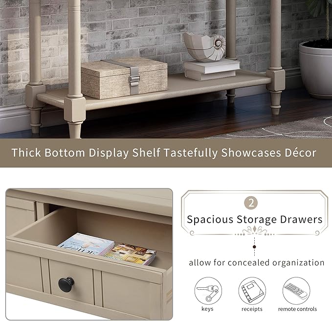 Bellemave Console Table with Drawers, Retro Entryway Table with 2 Drawers and Open Storage Shelf, Narrow Long Sofa Table, Behind Couch Table for Living Room, Foyer and Hallway, Retro Grey