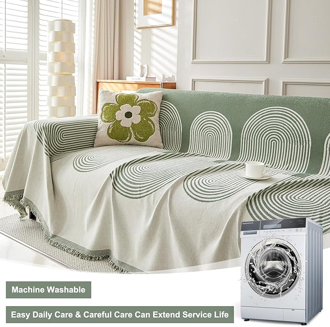 STACYPIK Modern Green Striped Couch Cover for Pets, Boho Geometric Sofa Cover for 2 Cushion Couch, Boho Chenille Sofa Cover for Dogs, Sofa Slipcover for Sectional, Throw Cover for Loveseat-71X118IN